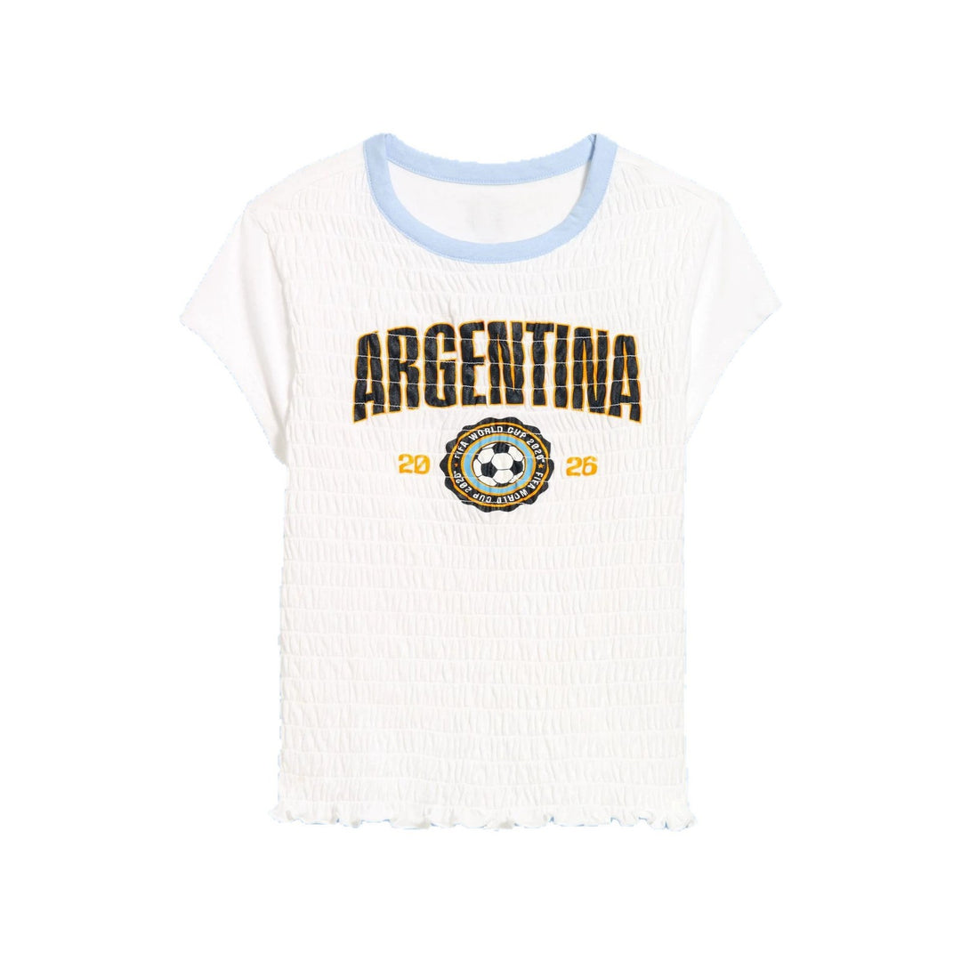 Women's ruffled cotton shirt with sporty Argentina print and ruffle trim Mune Fashion