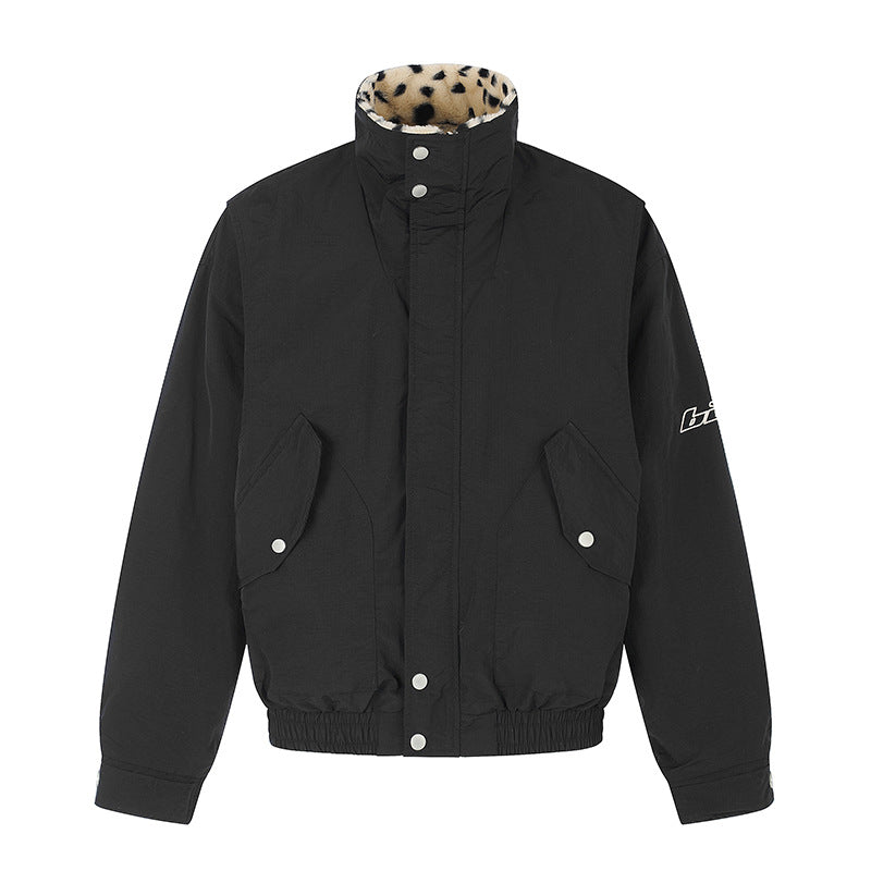 Women's Padded Blouson Jacket with Stand-Up Collar and Leopard Lining Mune Fashion
