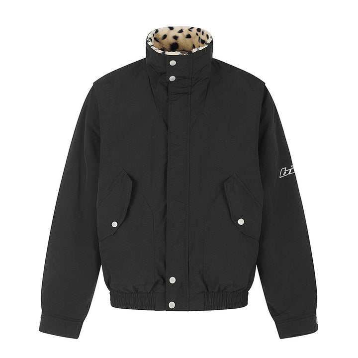 Women's Padded Blouson Jacket with Stand-Up Collar and Leopard Lining Mune Fashion