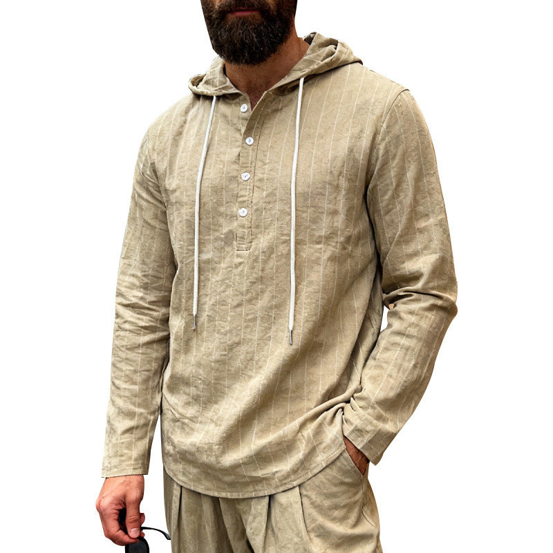 Men's linen blend hoodie shirt with half button placket and pinstripes Mune Fashion