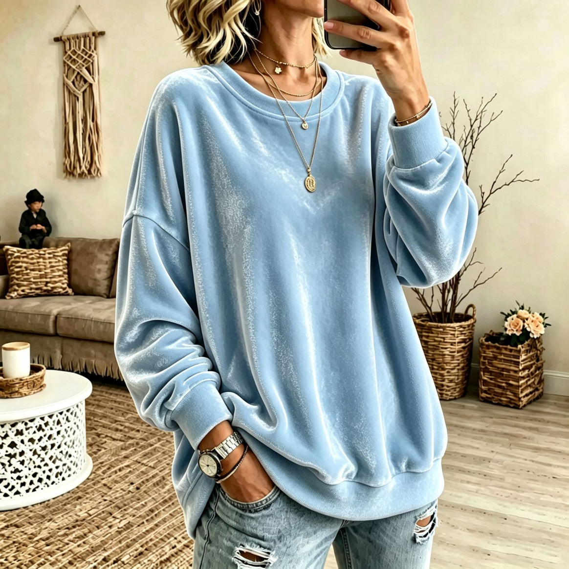 Women Oversized Velvet Sweater with Loose Fit and Ribbed Hem Mune Fashion