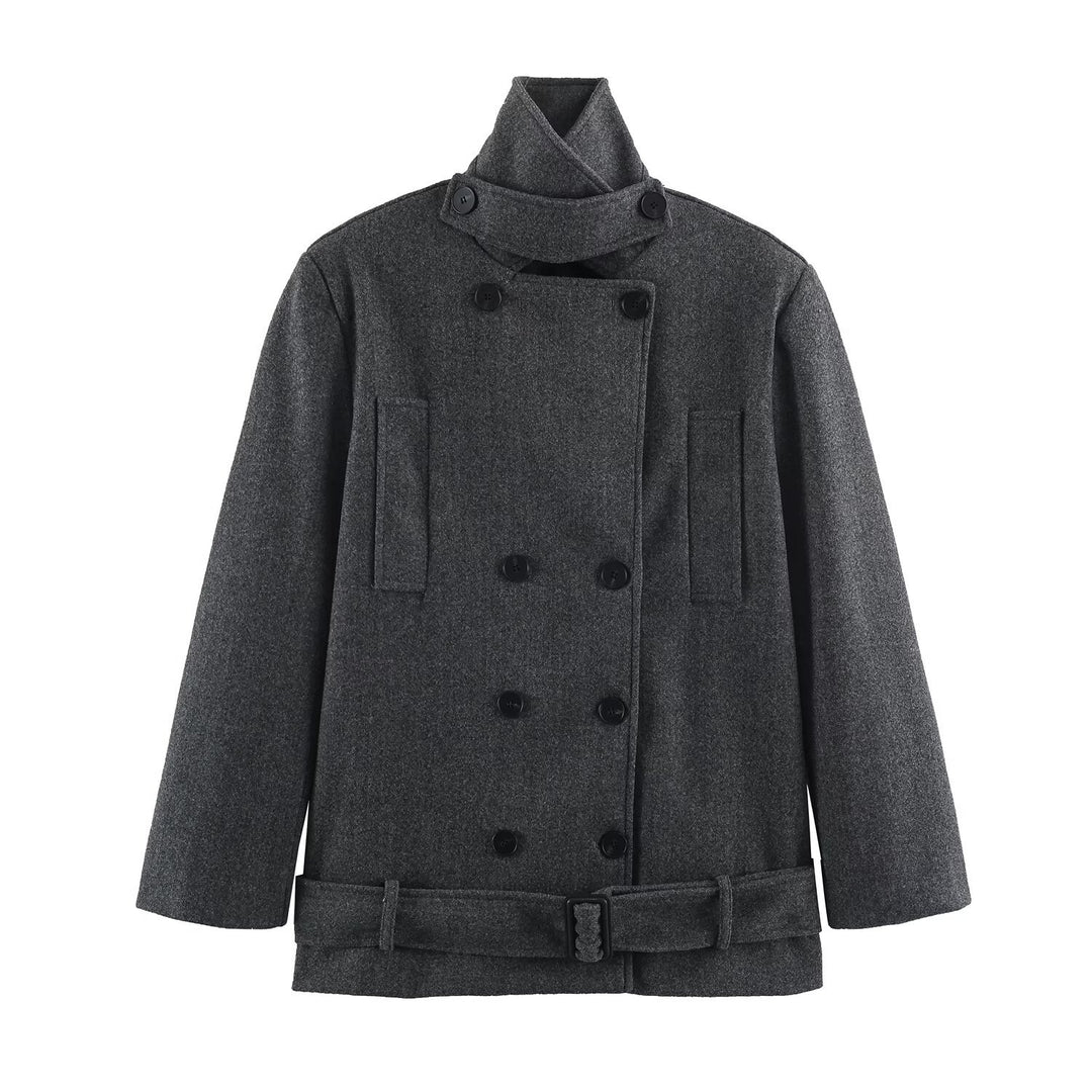 Women's short coat in double-breasted wool blend with high standing collar and waist belt Mune Fashion
