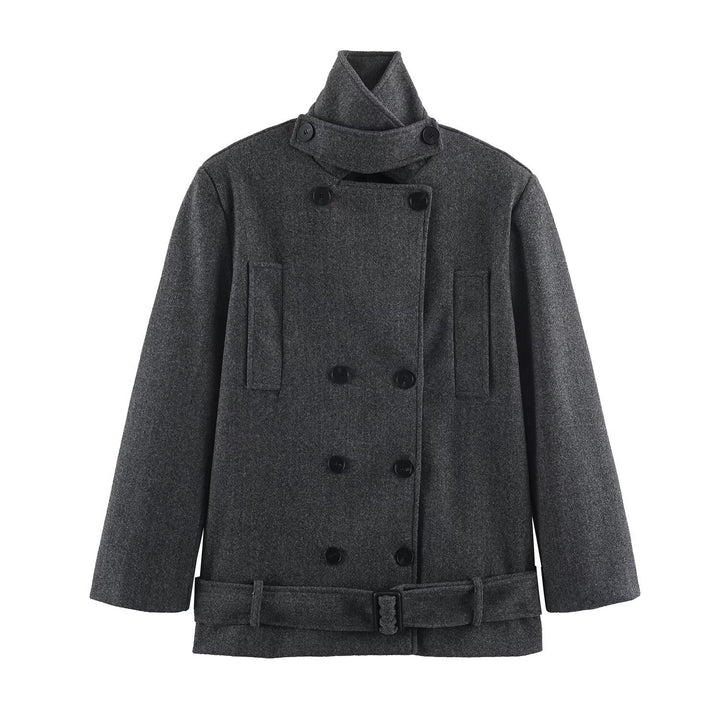 Women's short coat in double-breasted wool blend with high standing collar and waist belt Mune Fashion
