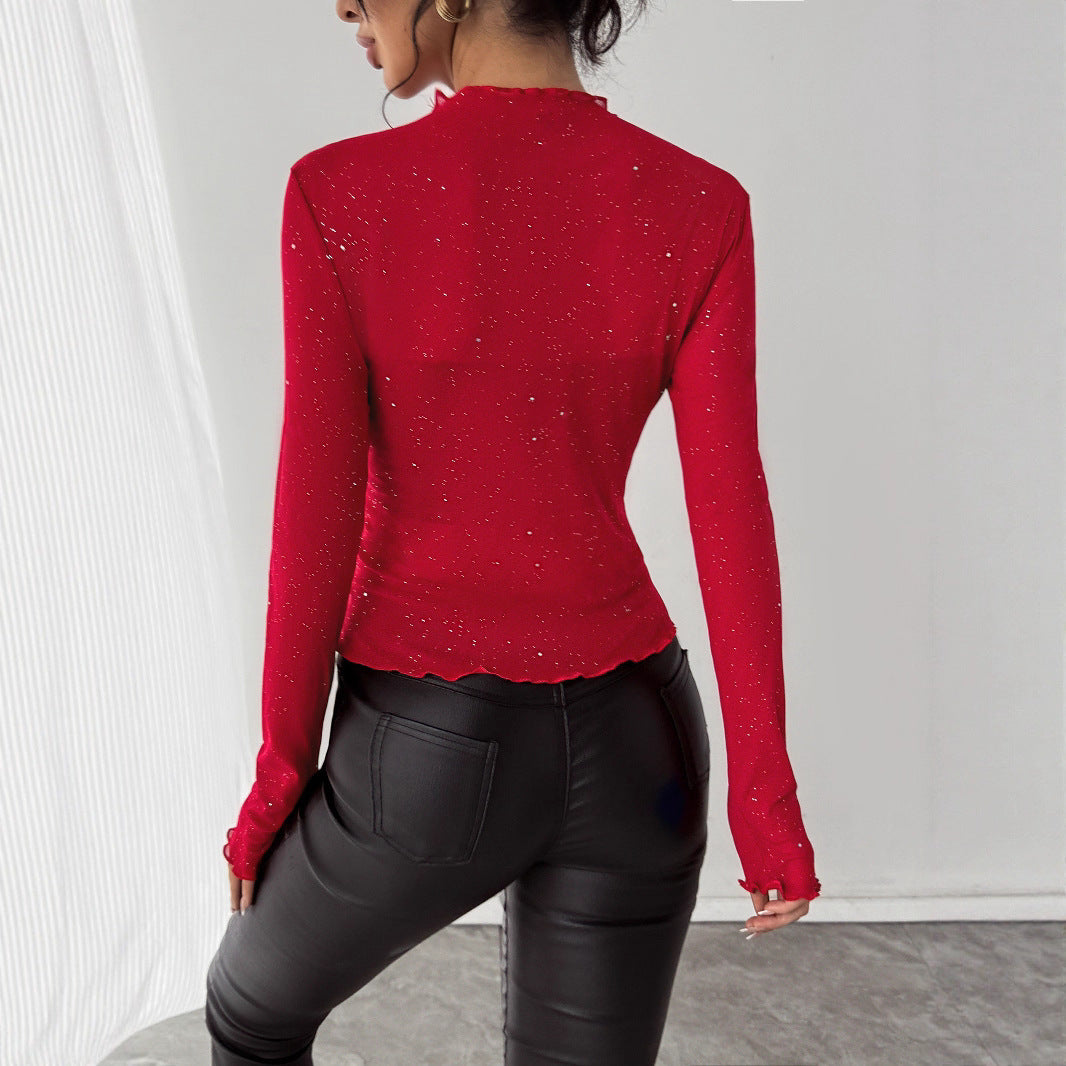 Women's figure-hugging fine knit top with stand-up collar and glitter yarn Mune Fashion