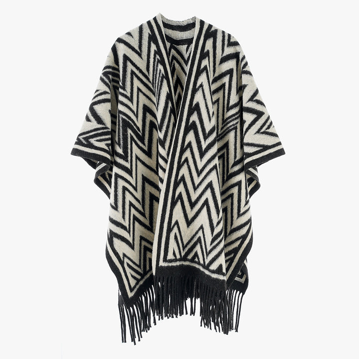 Ladies Large Fringe Poncho in Oversize Cape with Geometric Zigzag Jacquard Mune Fashion