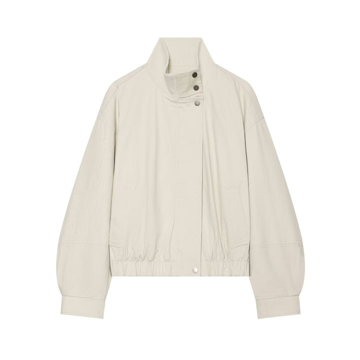 Women's Boxy Short Blouson with High Ribbed Stand-up Collar and Drawstring Hem Drune