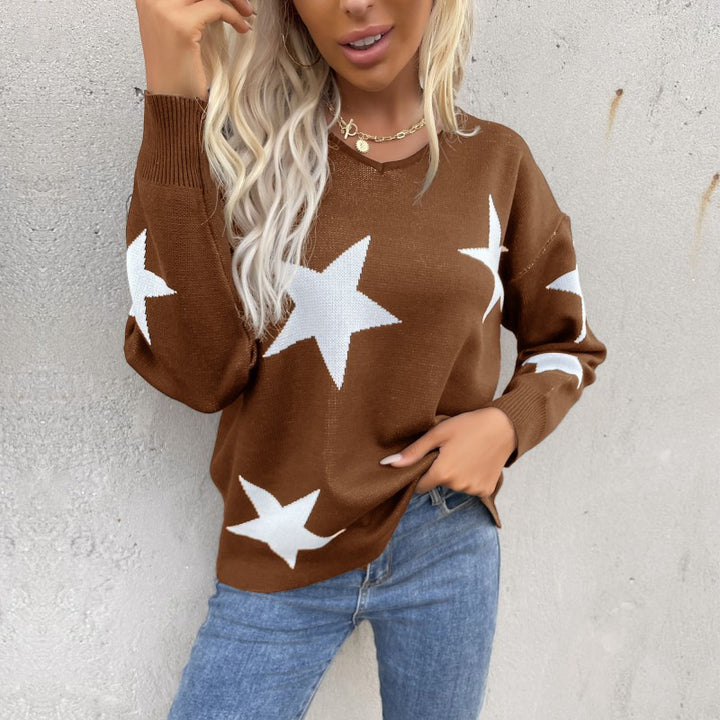 Ladies star fine knit pullover with V-neck and casual oversized fit Mune Fashion