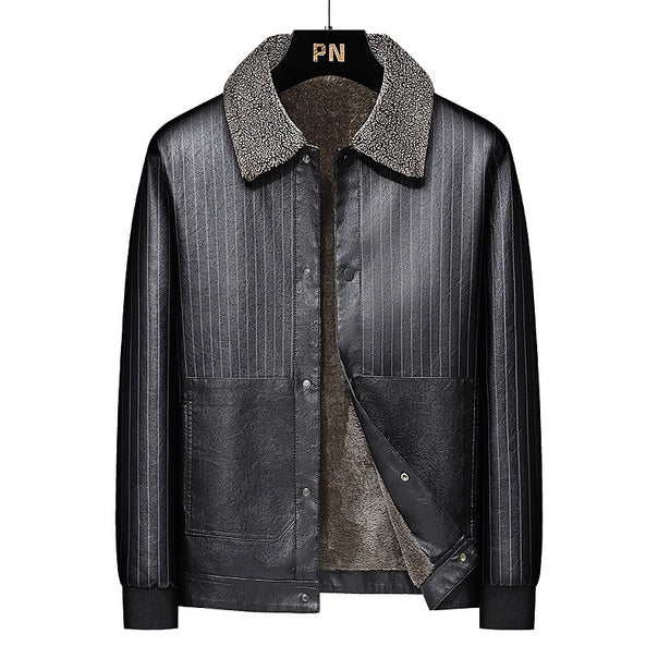 Men's Faux Leather Blouson with Sherpa Collar, Warm Teddy Lining and Pinstripe Detail Mune Fashion