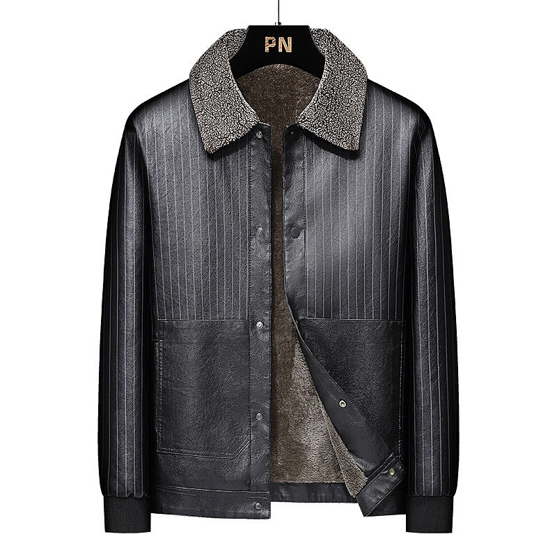 Men's Faux Leather Blouson with Sherpa Collar, Warm Teddy Lining and Pinstripe Detail Mune Fashion
