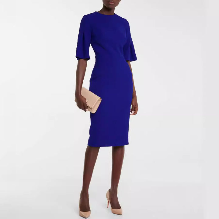 Women's figure-hugging midi dress with trumpet sleeves and round neckline Mune Fashion