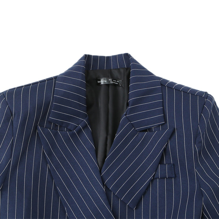 Women Tailored Pinstripe Blazer with Asymmetrical Lapels and Patch Pockets Mune Fashion