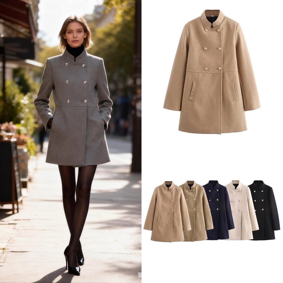 Women's Double-Breasted Wool Blend Coat with Stand Collar and Decorative Buttons Mune Fashion