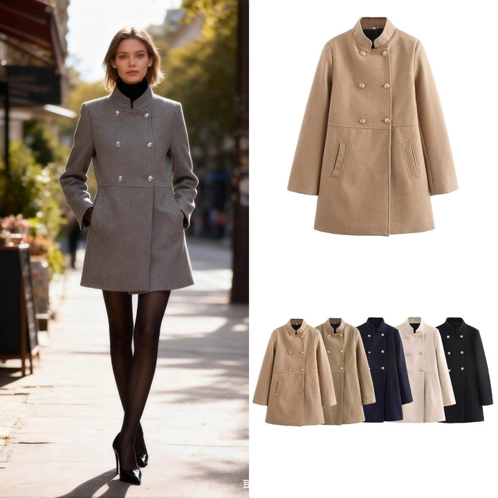 Women's Double-Breasted Wool Blend Coat with Stand Collar and Decorative Buttons Mune Fashion