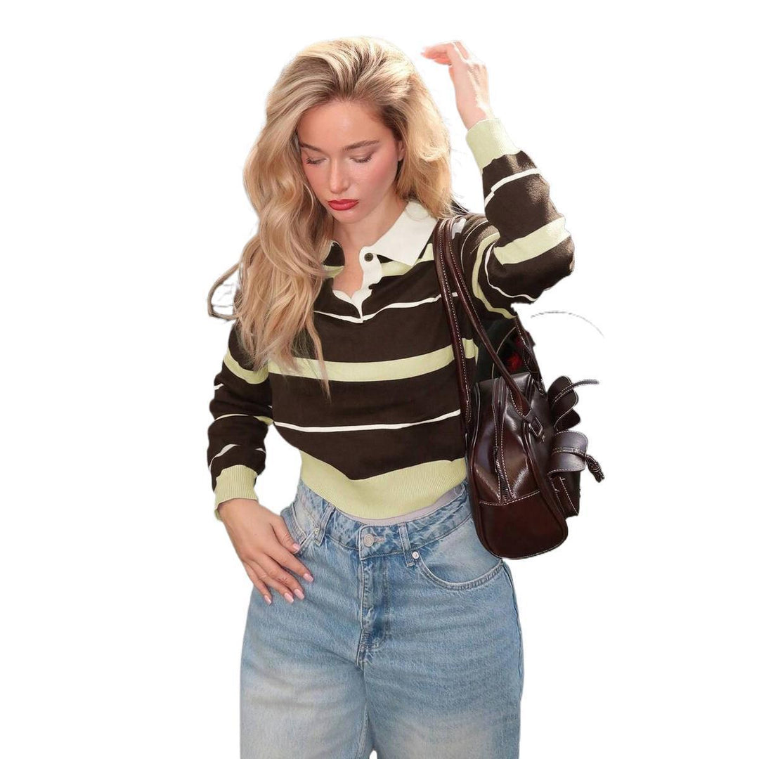 Women's Striped Rugby Sweater with Polo Collar and Ribbed Cuffs Mune Fashion