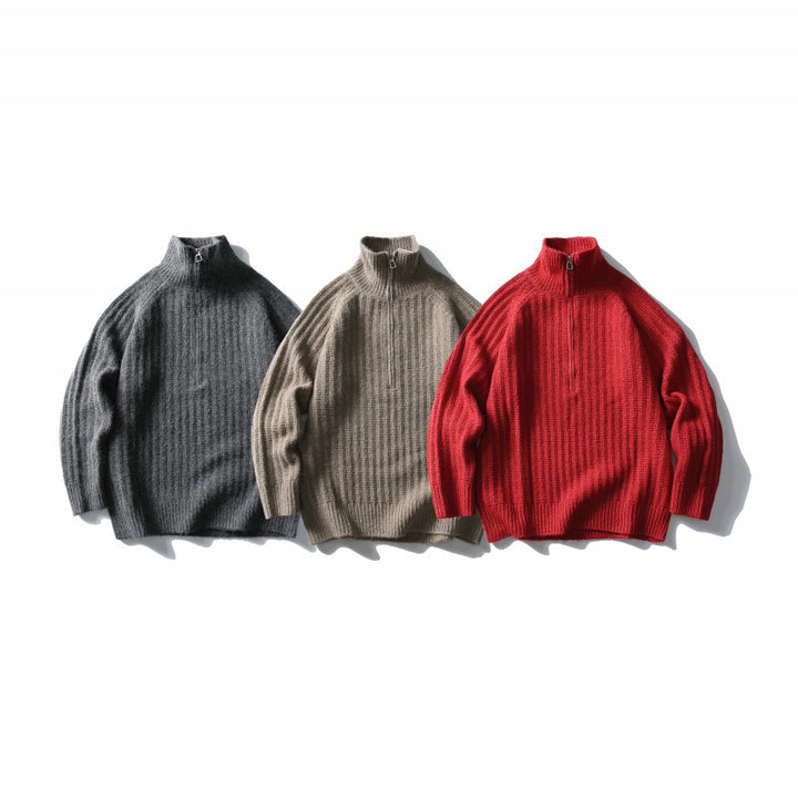 Unisex Oversize Ribbed Half-Zip Sweater with Stand-Up Collar Mune Fashion