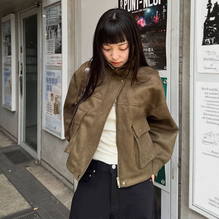 Women's Cropped Velvet Jacket in Utility Style with Hood and Patch Pockets Mune Fashion