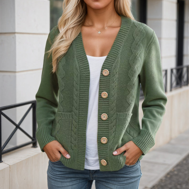 Women’s longer knitted cardigan with cable structure, V-neck and wooden button placket Mune Fashion