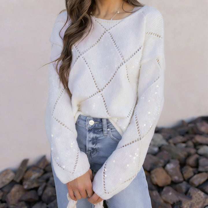 Women Chunky Knit Oversized Sweater with Openwork Diamond Pattern and Sequins Mune Fashion