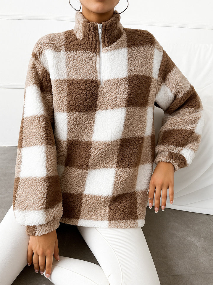Ladies checked teddy fleece pullover with stand-up collar and half-height zipper Mune Fashion