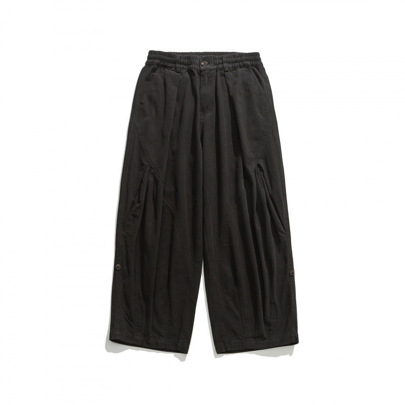 Unisex Wide Pleated Culotte Pants with Elastic Waistband, Deep Side Pockets and Casual 3/4 Length Mune Fashion