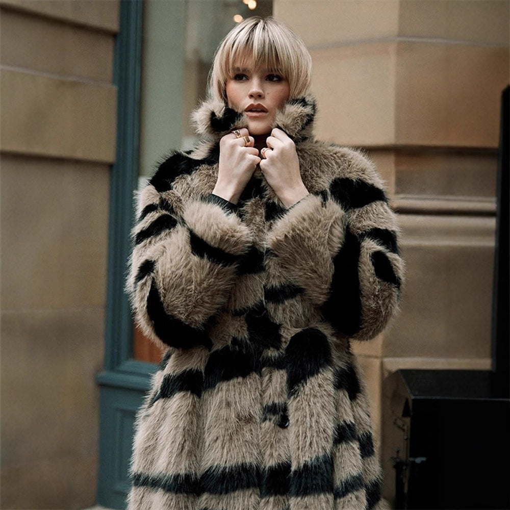 Women Oversize Faux Fur Coat with Striped Maxi Cut Mune Fashion
