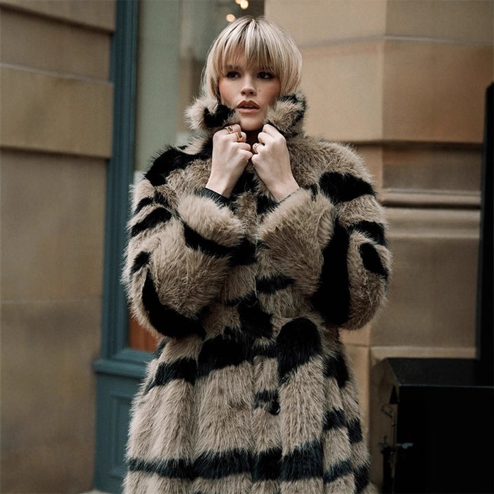 Women Oversize Faux Fur Coat with Striped Maxi Cut Mune Fashion
