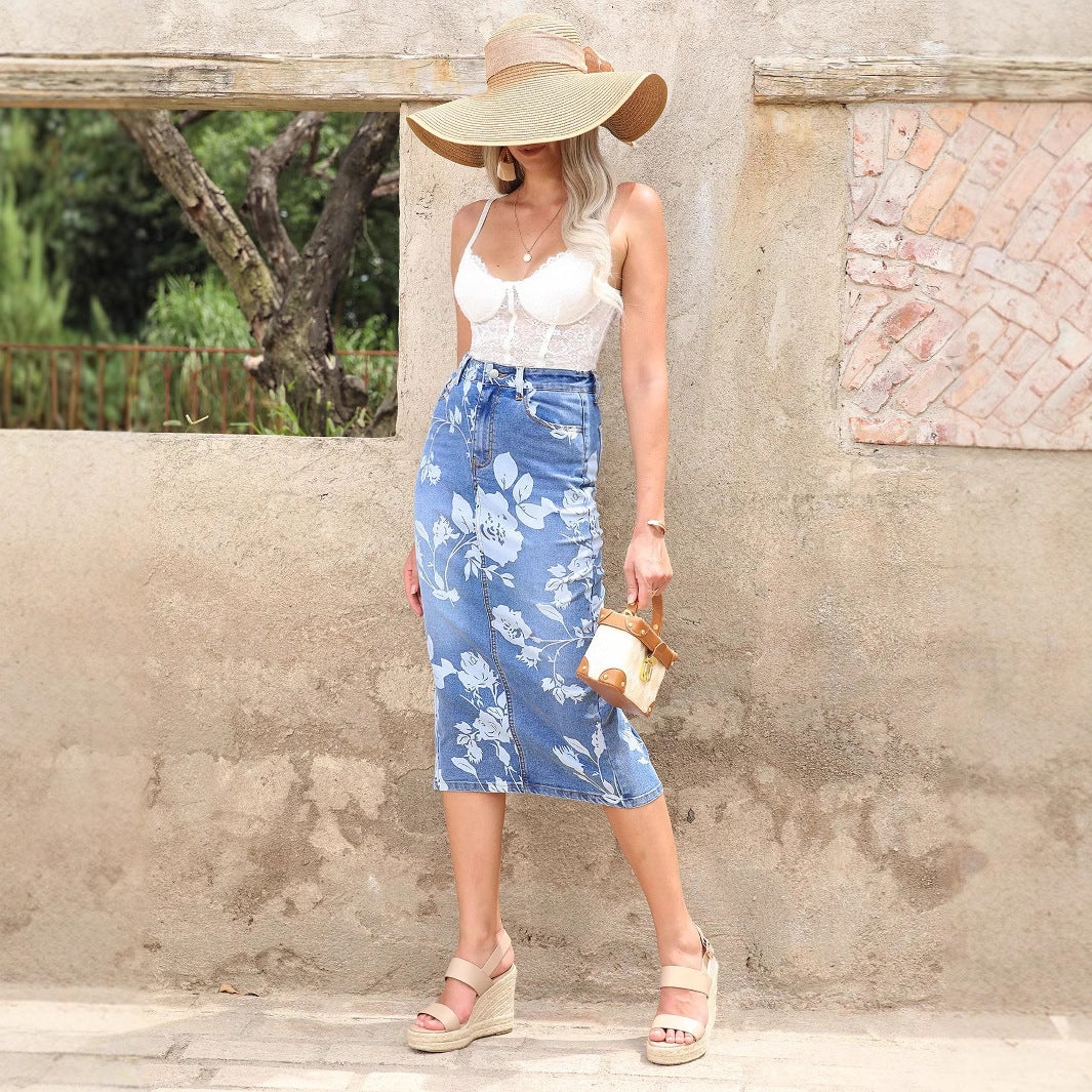 Women's high-waisted floral denim pencil skirt (Midi) Mune Fashion