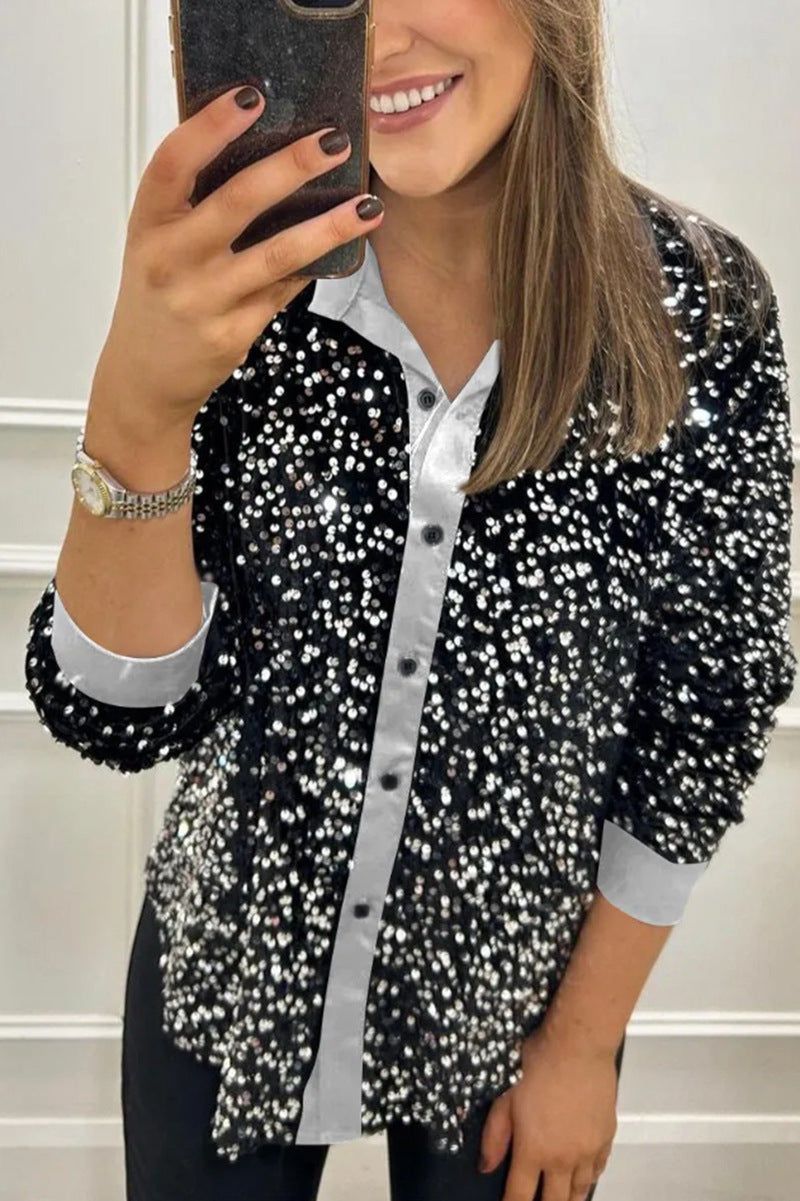 Women's shimmering sequin shirt blouse with collar, button placket, and elastic cuffs Mune Fashion