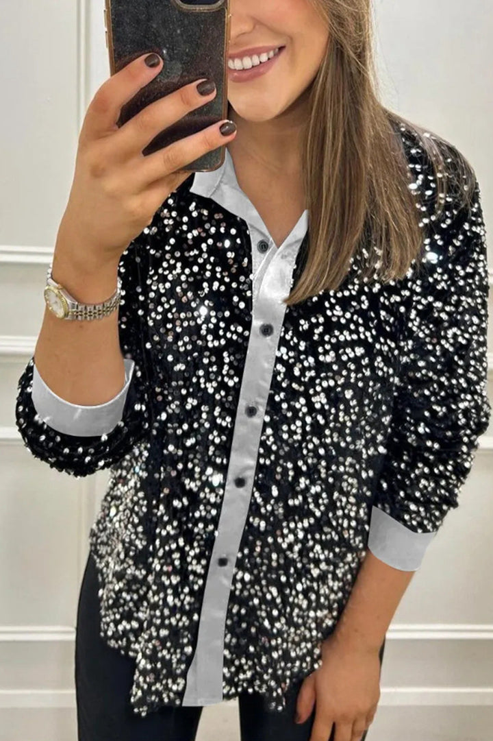 Women's shimmering sequin shirt blouse with collar, button placket, and elastic cuffs Mune Fashion