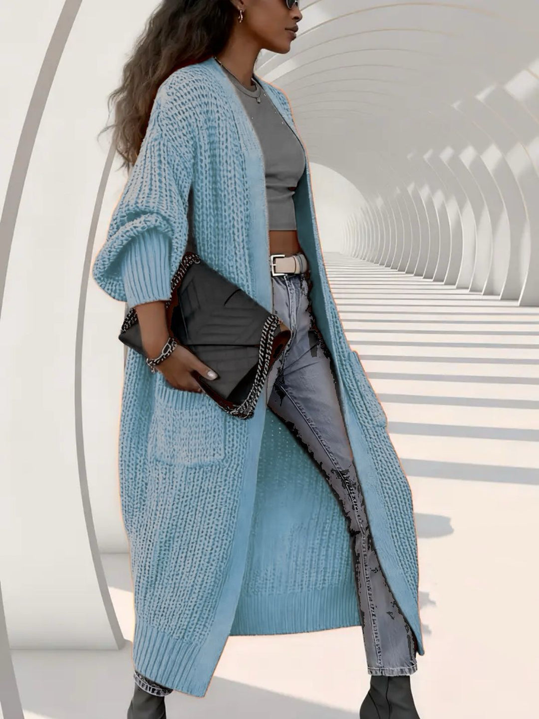 Women Long Open Chunky Knit Coat Cardigan with Braided Structure and Dropped Shoulder Mune Fashion