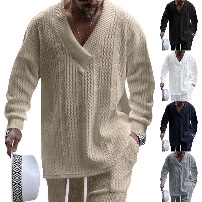 Men's oversized cable knit V-neck sweater with relaxed pants set Mune Fashion