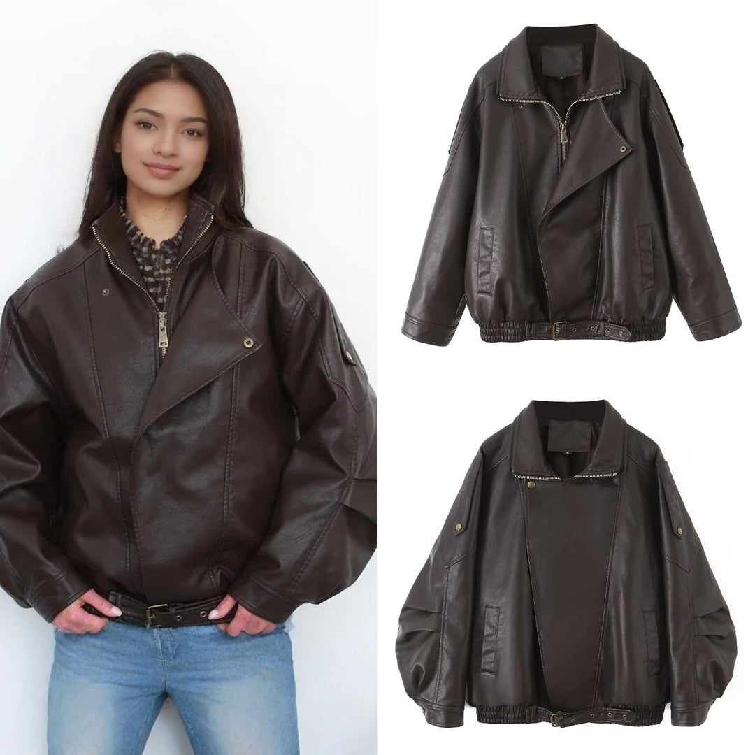 Women's Oversized Faux Leather Bomber Jacket with Asymmetrical Zipper and Waistband Mune Fashion