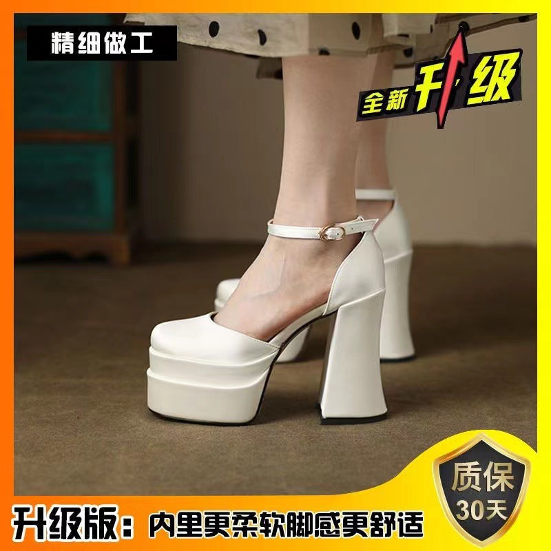 Women's ankle strap sandals with sculptural block heel, square toe, and crystal-embellished ankle strap Mune Fashion