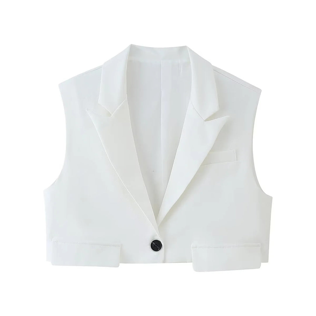 Women's tailored cropped vest with lapel collar and single-button closure Mune Fashion