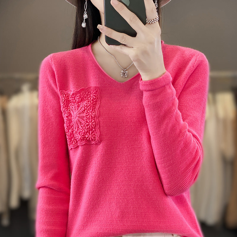 Women's Cashmere-Look V-Neck Sweater with Floral Crochet Appliqué Mune Fashion