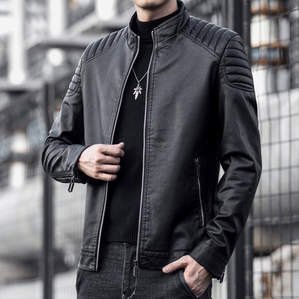 Men's Slim Faux Leather Bomber Jacket with Padded Shoulder Quilting and Stand Collar Mune Fashion