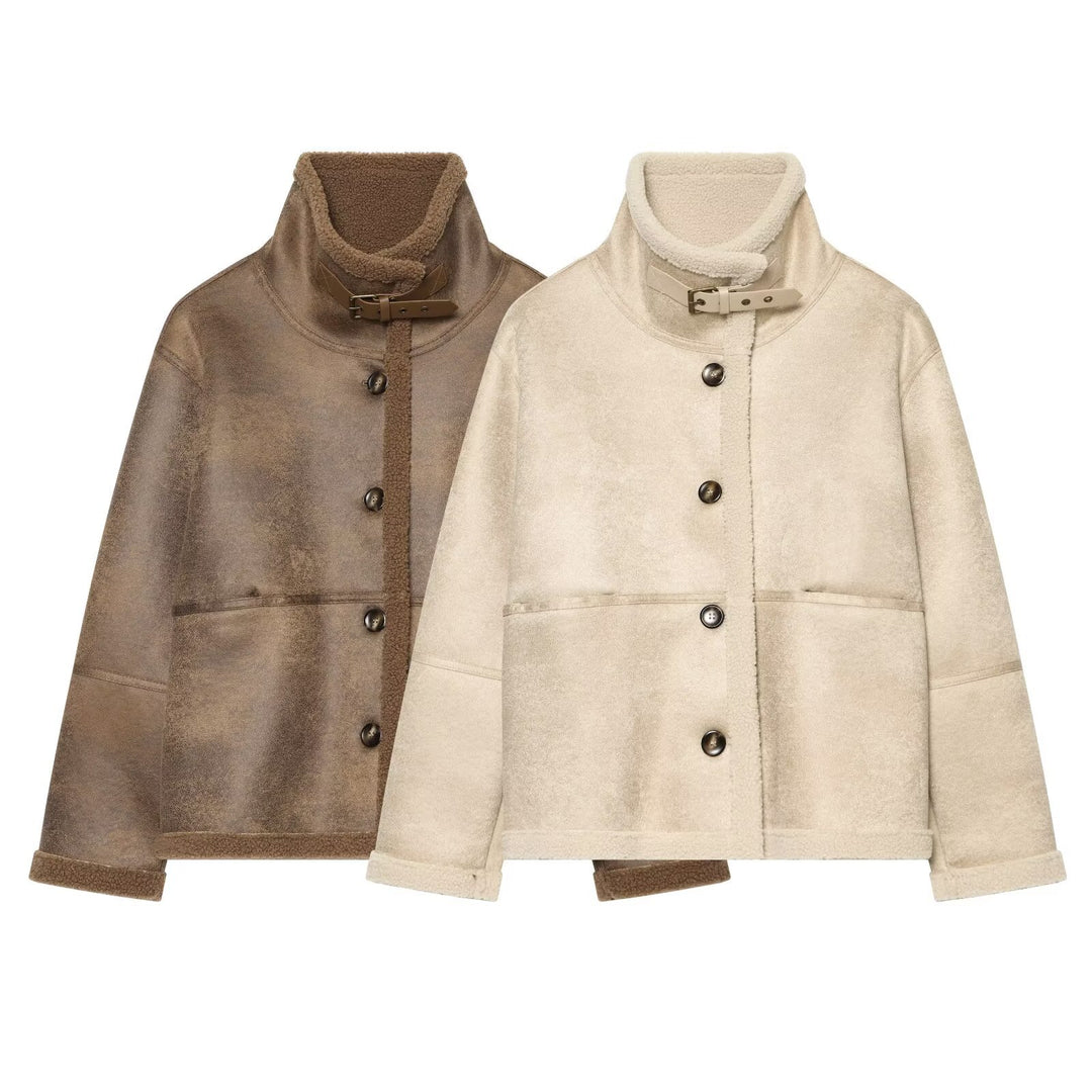 Ladies short jacket in lambskin look with stand-up collar, button and buckle closure Mune Fashion