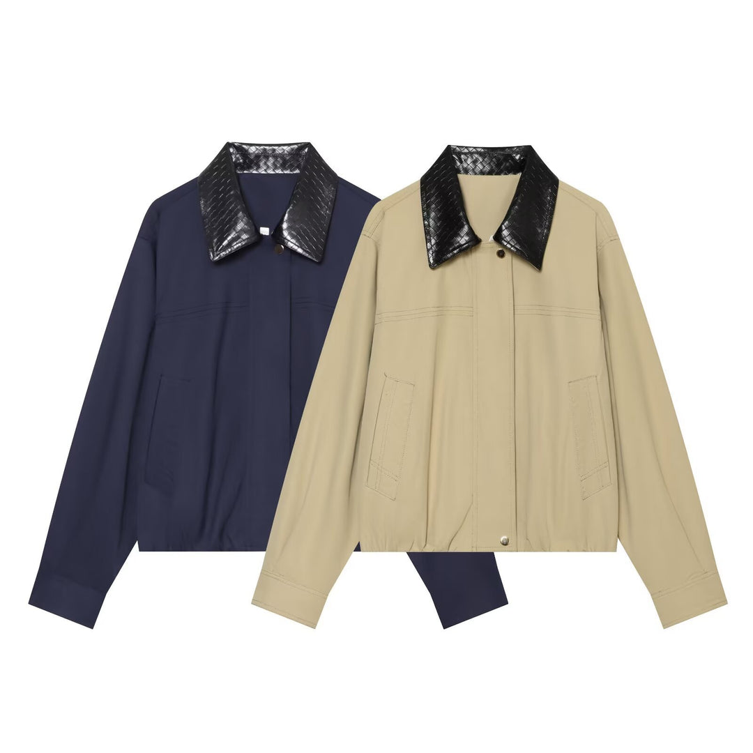 Women's Light Oversized Blouson Jacket with Contrasting Embossed Faux Leather Collar Mune Fashion