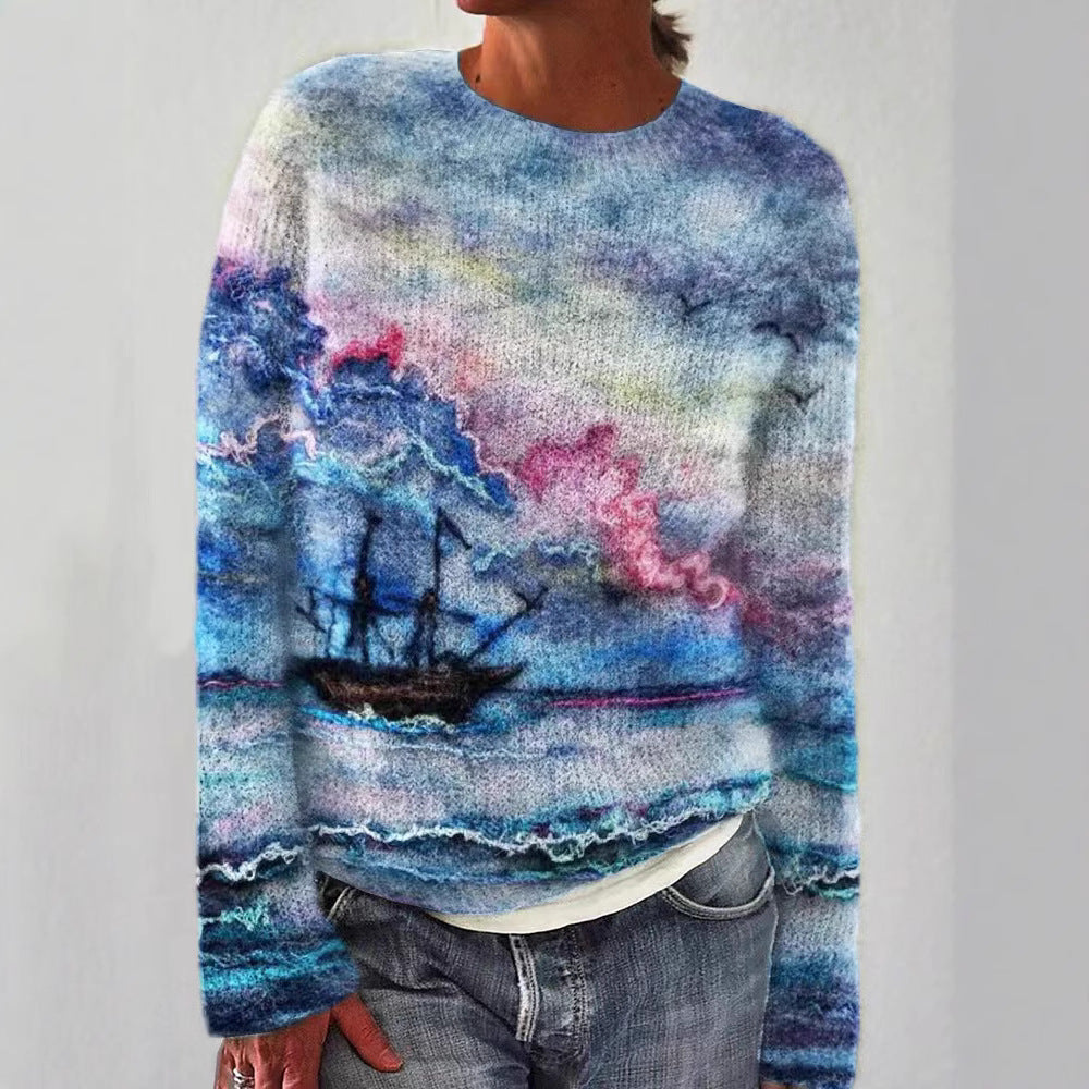 Women's embroidered knit pullover with relief-like floral embroidery and round neck Mune Fashion