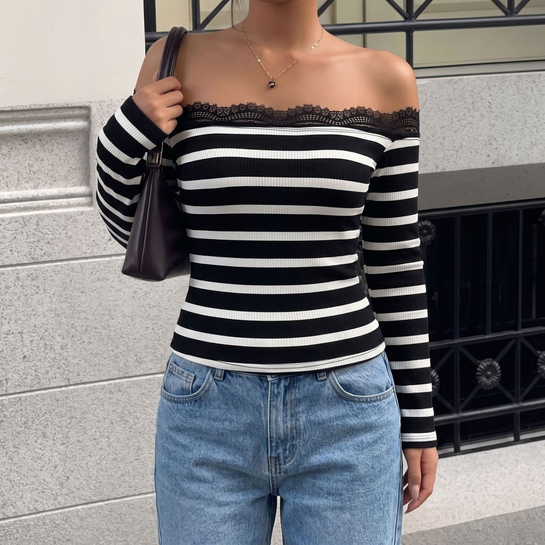 Women's Off-Shoulder Striped Top with Lace Edge Mune Fashion