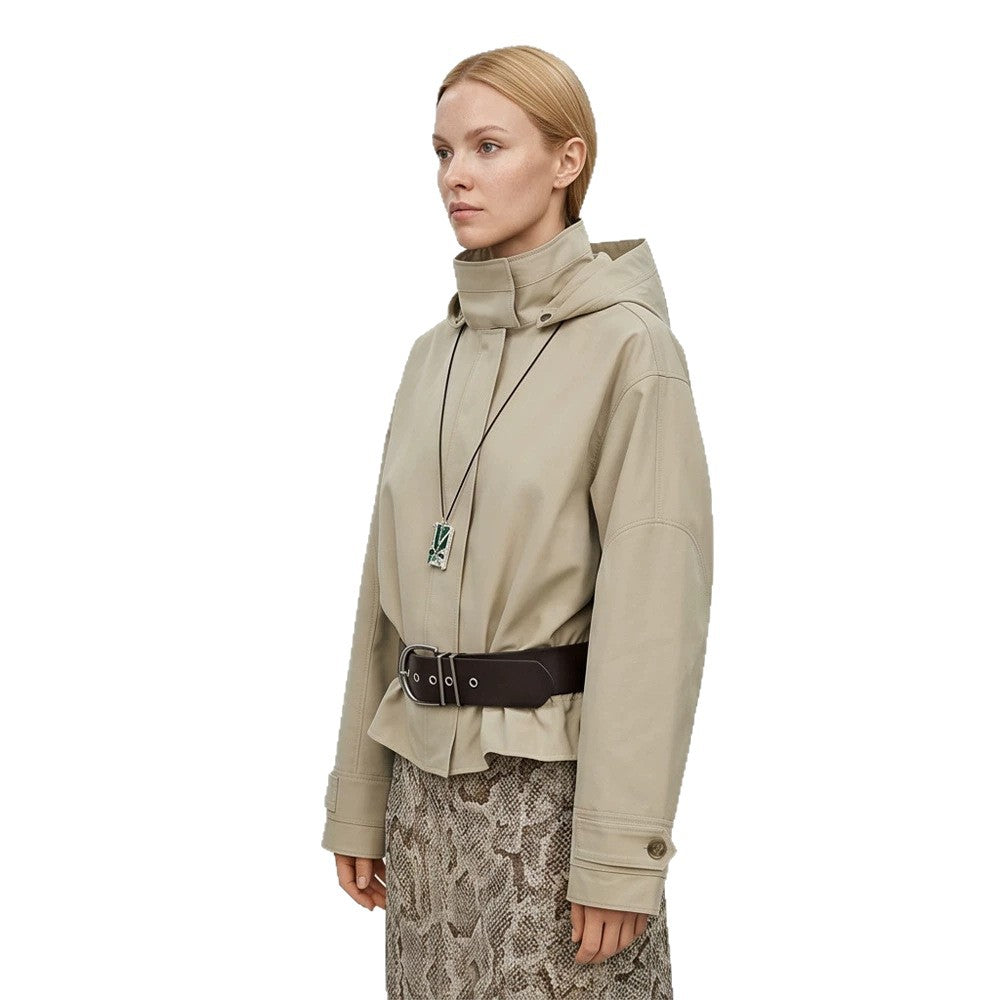 Women Short Vegan Leather Jacket with Hood, Concealed Snap Button Placket and Drawstring Hem Mune Fashion