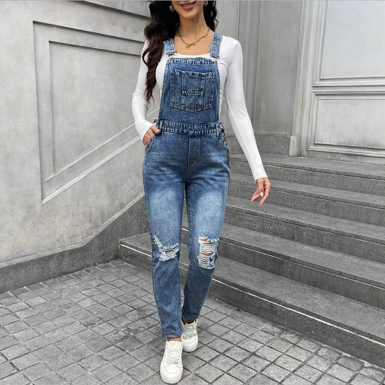 Women's denim dungarees with sculpting high waist, side decorative button plackets and ripped knee section Mune Fashion