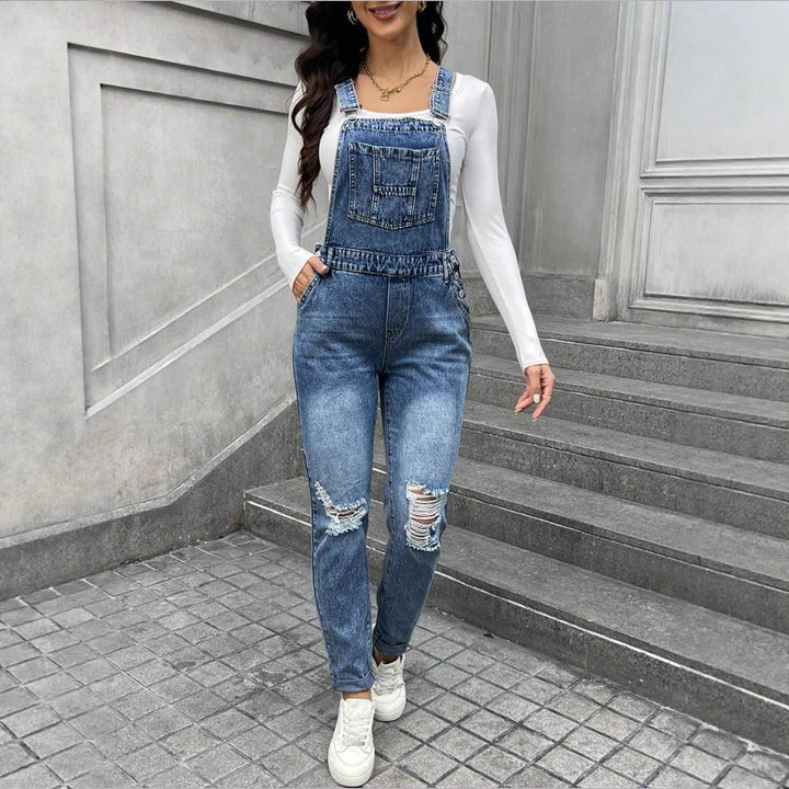 Women's denim dungarees with sculpting high waist, side decorative button plackets and ripped knee section Mune Fashion