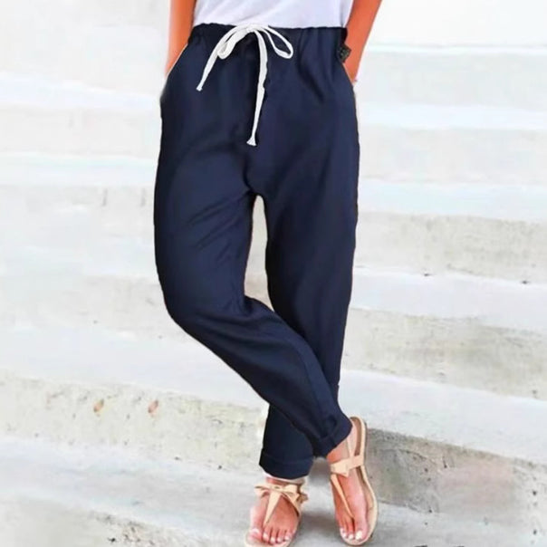 Women's casual relaxed pants with elastic waistband, drawstring, side pockets, and rolled hem Mune Fashion