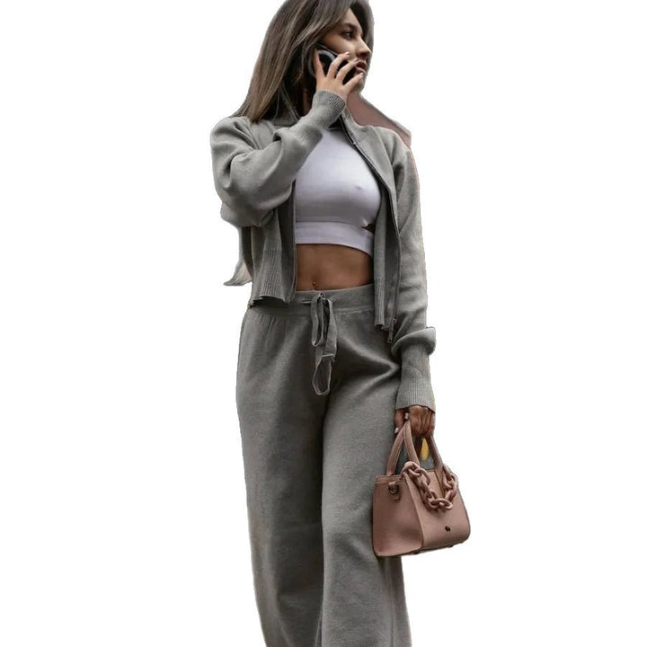 Women knitted loungewear two-piece with short zip cardigan and wide high waist pant leg Mune Fashion