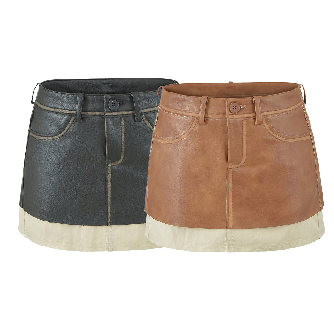 Ladies High-Waisted Faux Leather Mini Skirt with Decorative Seams and Belt Loops Mune Fashion