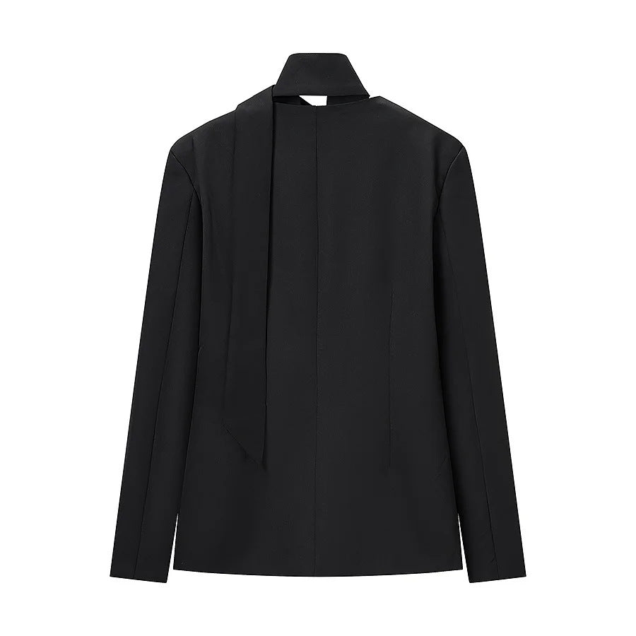 Women's tailored blazer with shawl collar bow and V-neck Mune Fashion