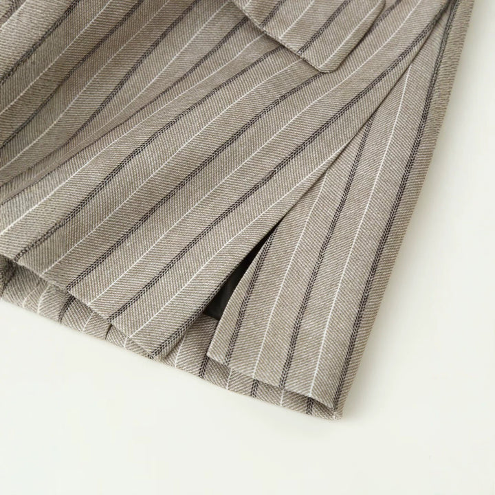 Women's Tailored Linen Blend Blazer with Pinstripes, Patch Pockets and Waist Belt Detail Mune Fashion