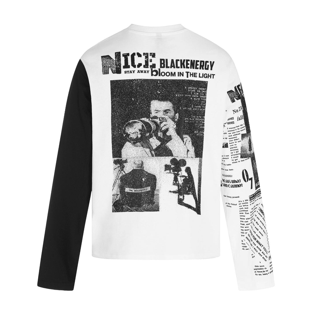 Unisex Contrasting Sleeve Long Sleeve Shirt with Large Graphic Print and Sleeve Collage Mune Fashion