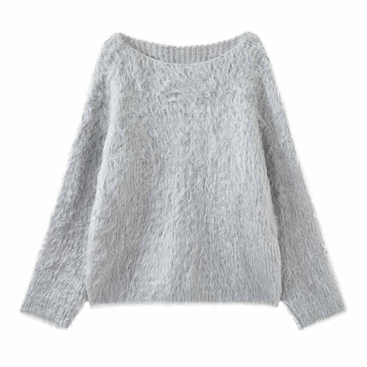 Women's Fluffy Oversize Sweater in Mohair Look with Wide V-Neck Dress
